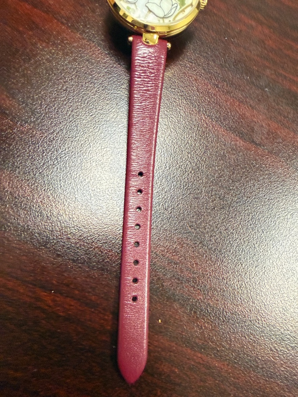 Floral Dial Gold-Tone Watch with Burgundy Strap - Picture 5 of 8